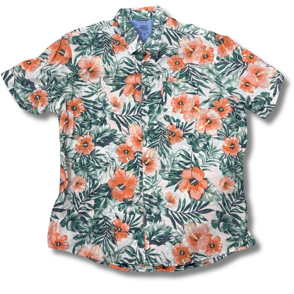 IZOD Saltwater Floral Camp Shirt XXL Tropical Hawaiian Orange Green
